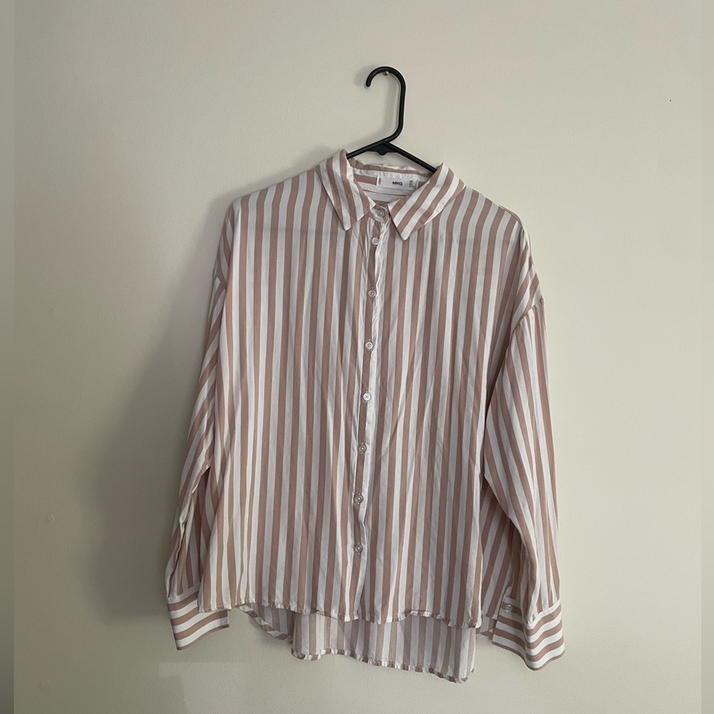 MNG Beige and White Striped Collared Button-Up Blouse
